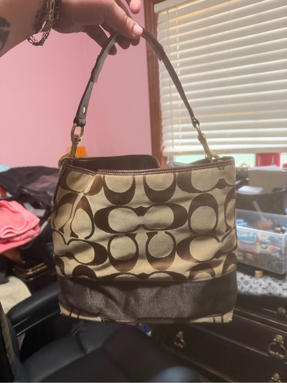 Coach Brown Signature Canvas Shoulder Bag with Dark Brown Leather Trim